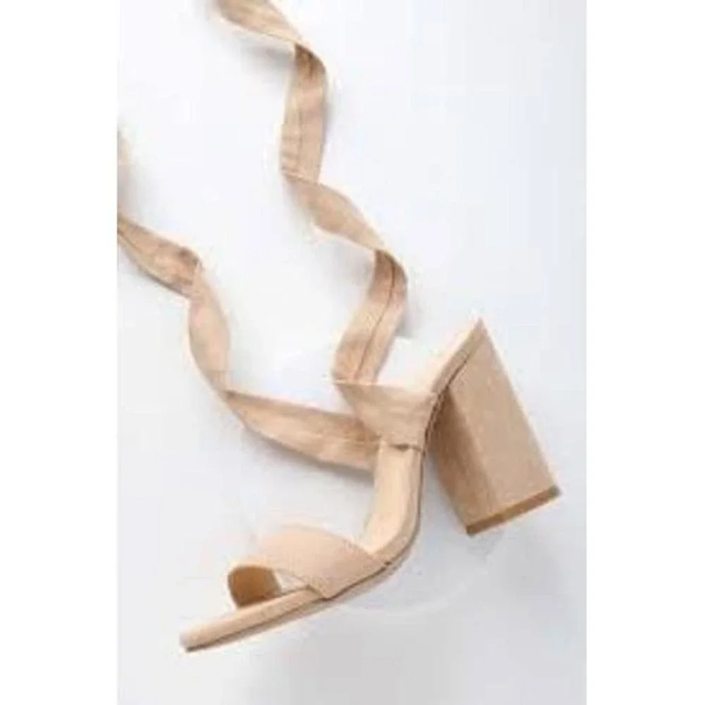 LULUS 10 Nude Suede Criss Cross Wrap Ankle Strap Block Heel Sandals